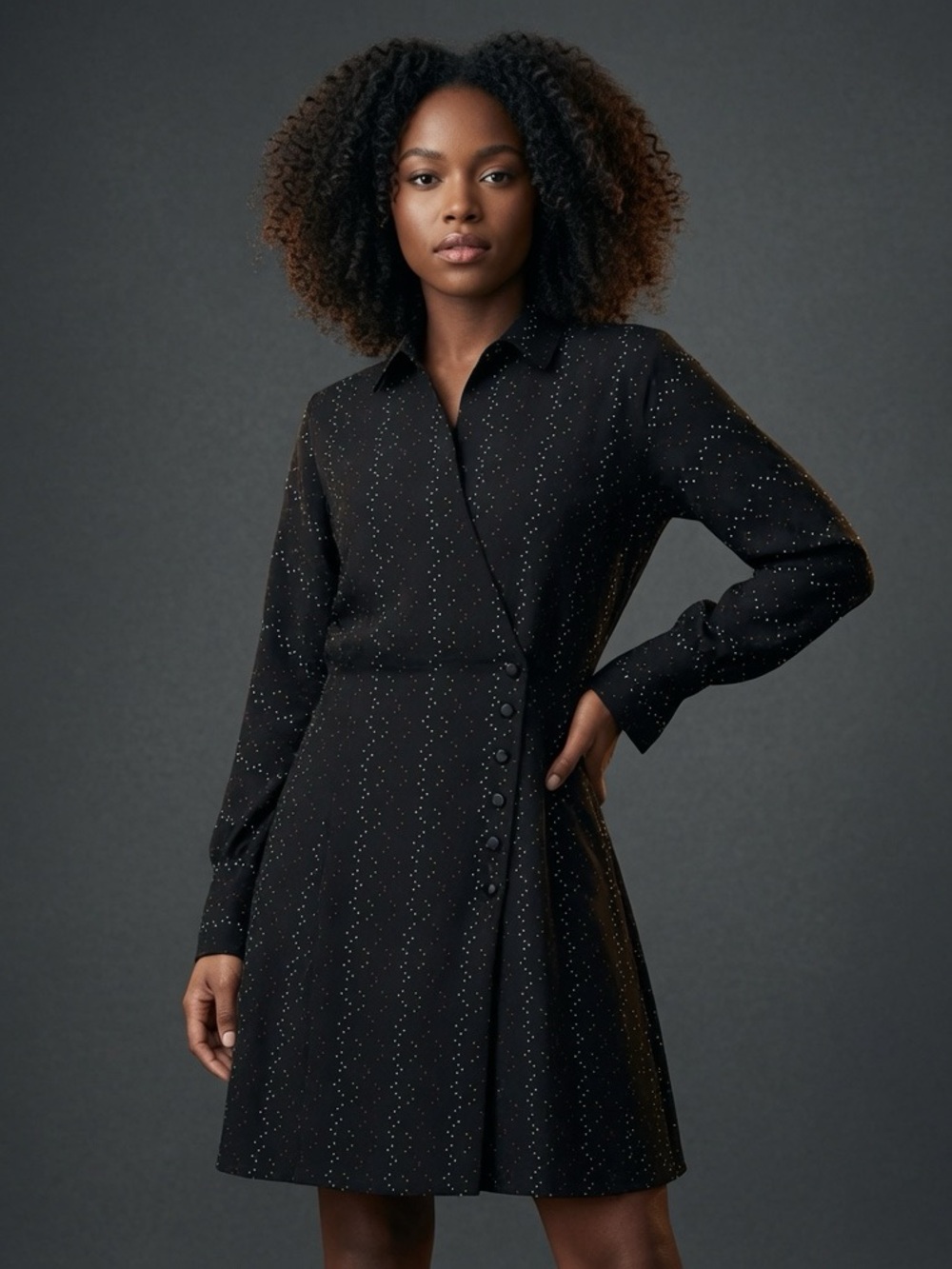 Equipment Harmon Wrap Classic Black Shirt Dress with Subtle Dot Pattern S